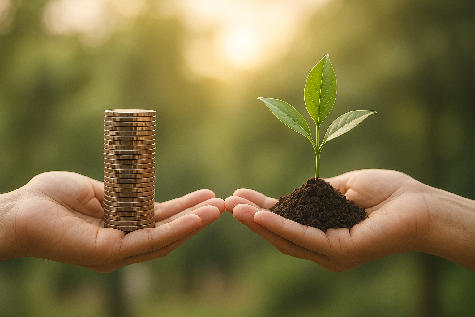 The stack of coins represents investing and building wealth.
The young plant represents growth and starting small, symbolizing that it’s never too late to begin.
The two hands holding them in balance perfectly captures your main theme: the strategic balance between paying off debt and investing.